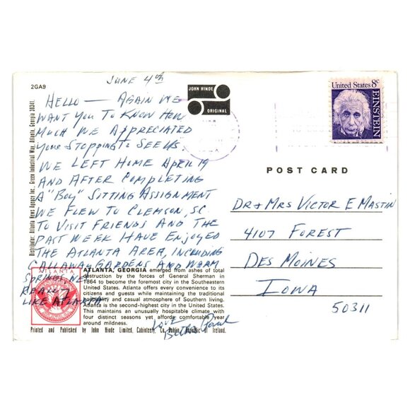 Atlanta Georgia Evening Skyline Postcard Vintage John Hinde Original Used Lights - Picture 2 of 2